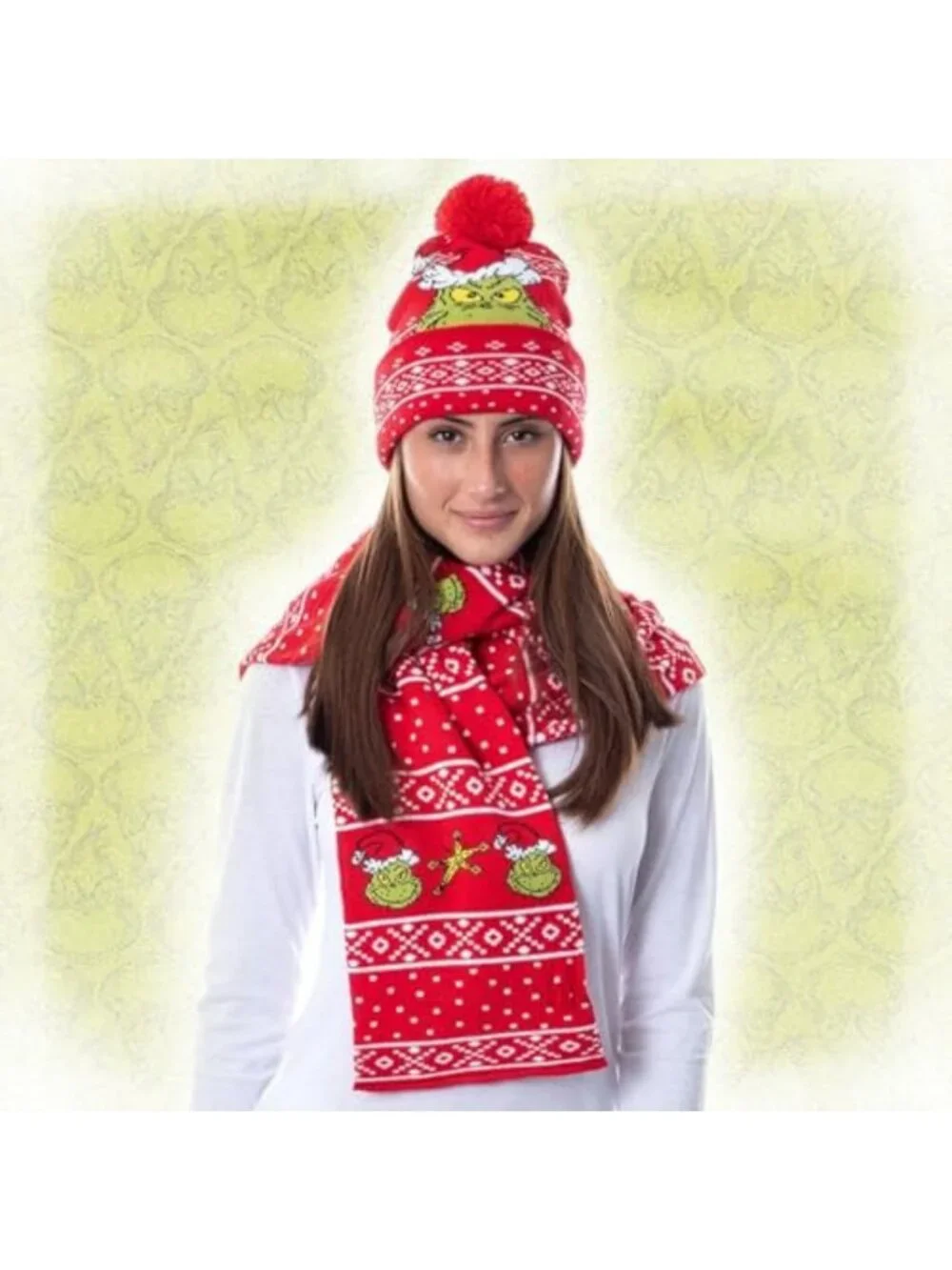 Cozy Knit Scarf & Pom Beanie Set - Festive Holiday Grinch Christmas Accessories